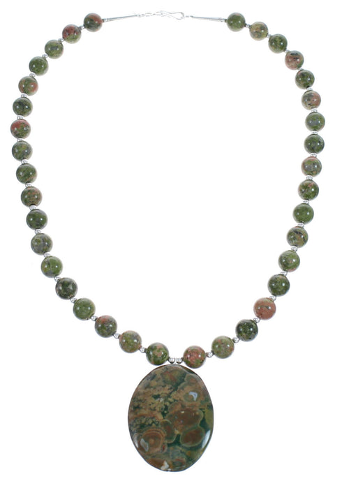 Native American Sterling Silver Unakite Pendant Bead Necklace JX123404